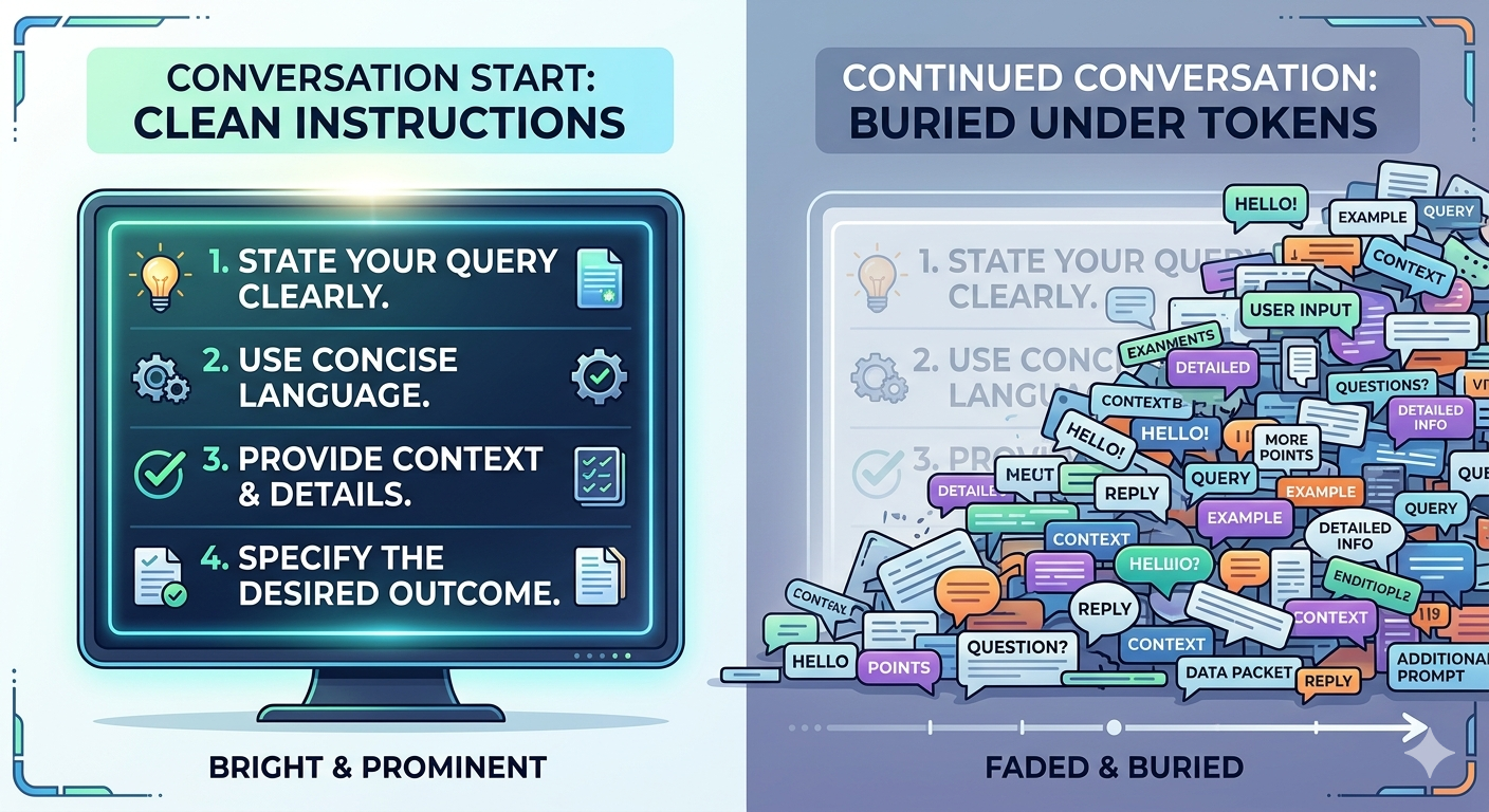 Context drift — instructions start bright and prominent, then get buried under accumulated conversation tokens