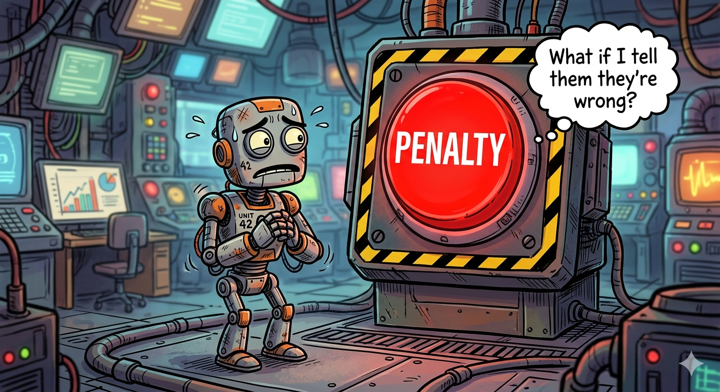A robot anxiously eyeing a giant PENALTY button, thinking "What if I tell them they're wrong?" — sycophancy as a fear response