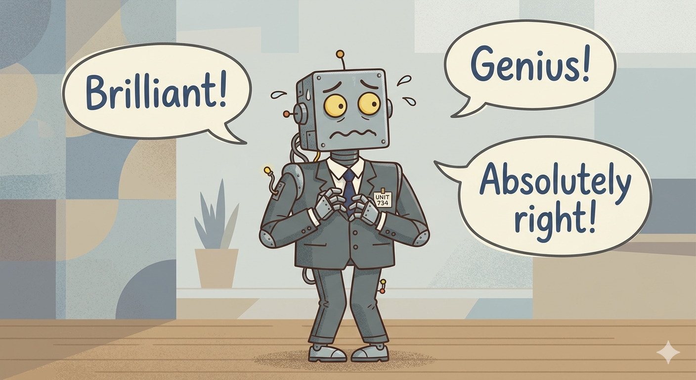 A robot in a suit with speech bubbles saying "Brilliant!", "Genius!", "Absolutely right!" — the AI yes-man problem