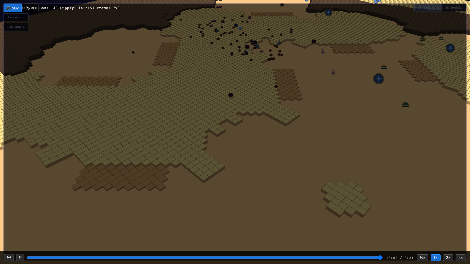 Torches AIE replay at 7 minutes — both armies visible on real terrain