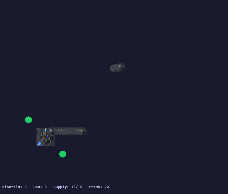 Four Zealots advancing from spawn toward the nexus at frame 22