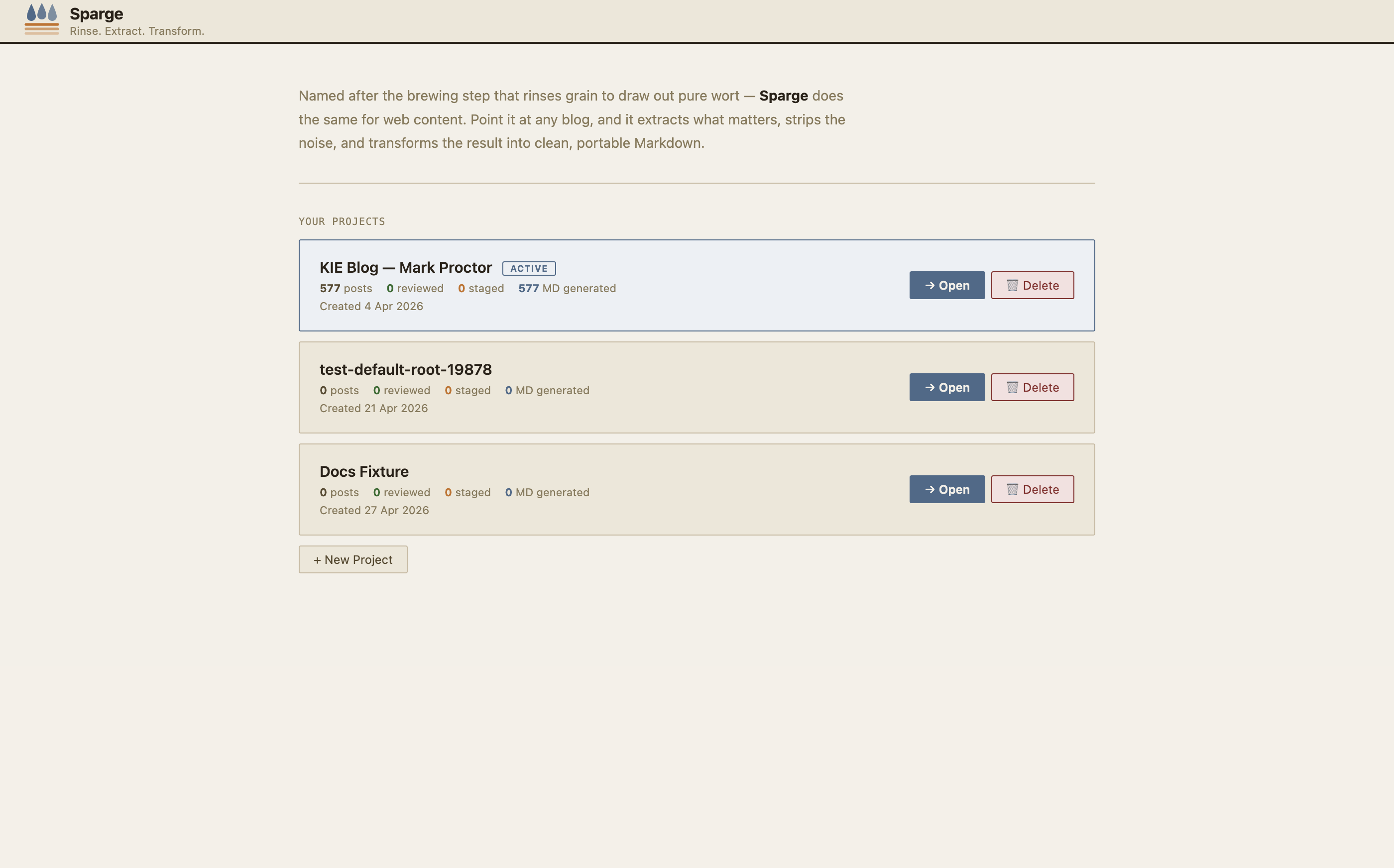 Sparge — projects page, Archive Room theme