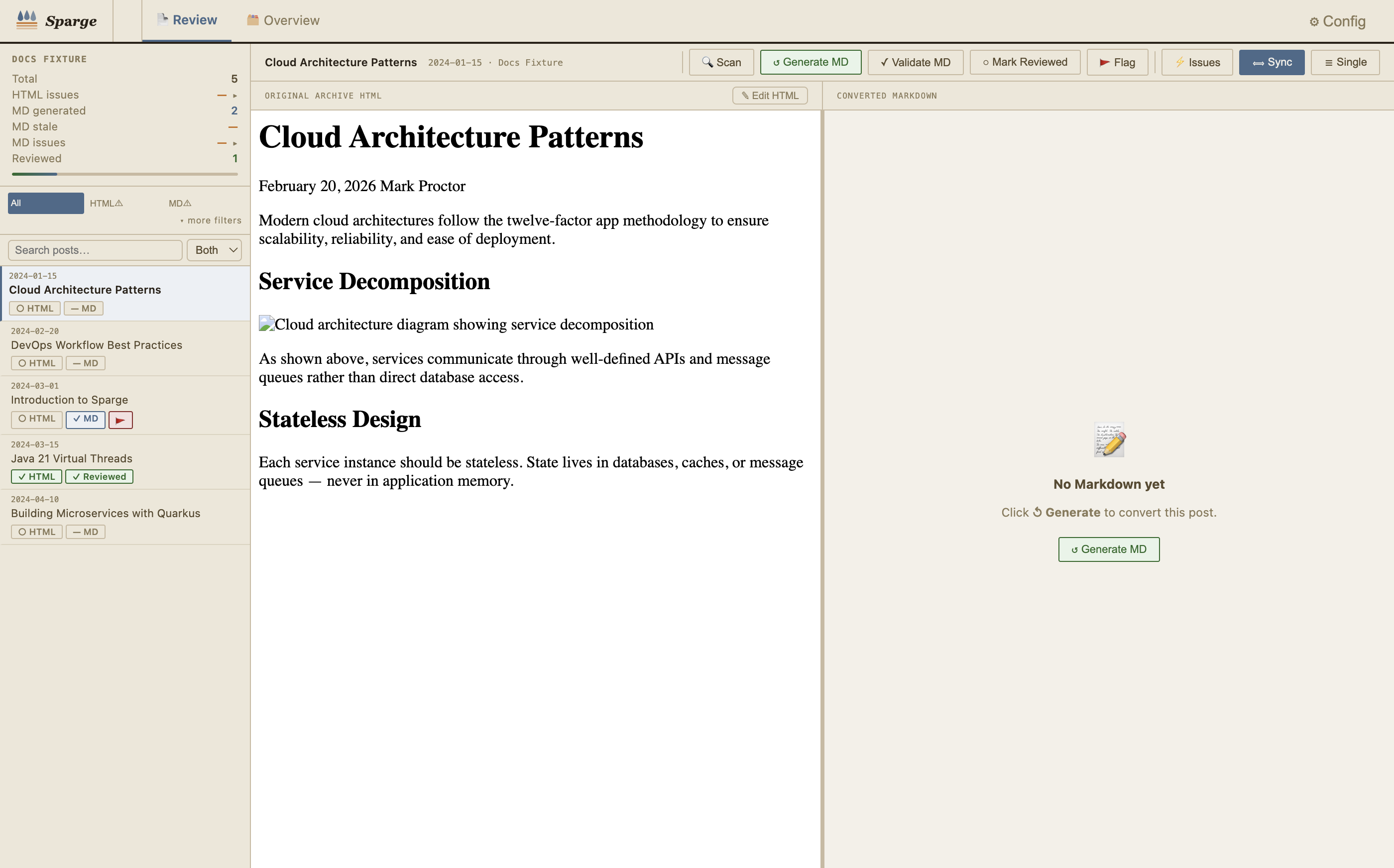 Sparge two-panel reviewer — HTML and Markdown side by side
